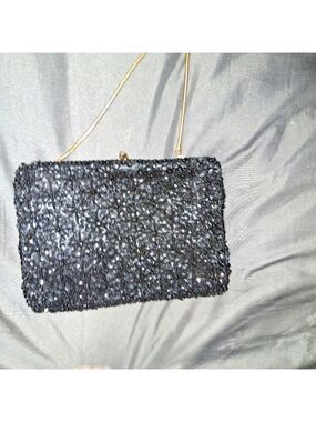 Vintage Black Beaded Sequin Clutch Gold Chain Purse
